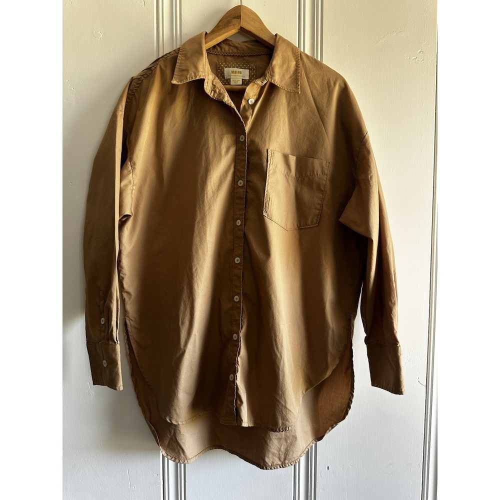 Maeve Anthropologie Tunic Shirt M Tan Button Up High Low Relaxed Fit Oversized